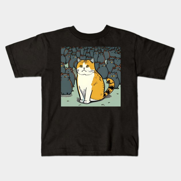 Cute Cat Alone In The Night - Cat Lover Kids T-Shirt by Matthew Ronald Lajoie